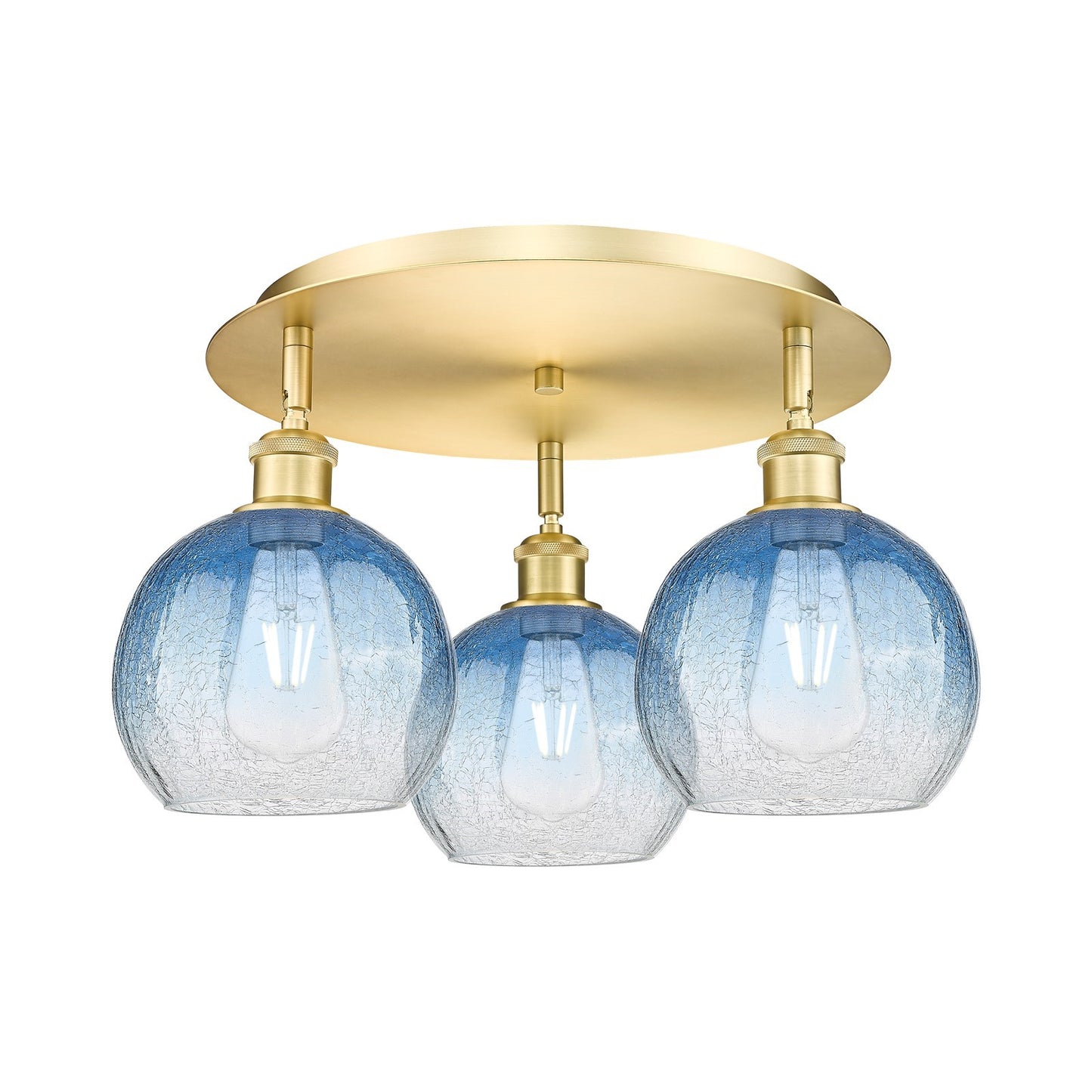 Innovations Brookhaven Globe 19in 3-Light Semi-Flush | Industrial Satin Gold and Sapphire Blue Glass | Kitchen & Dining | Model 516-3C-SG-G483-8SB