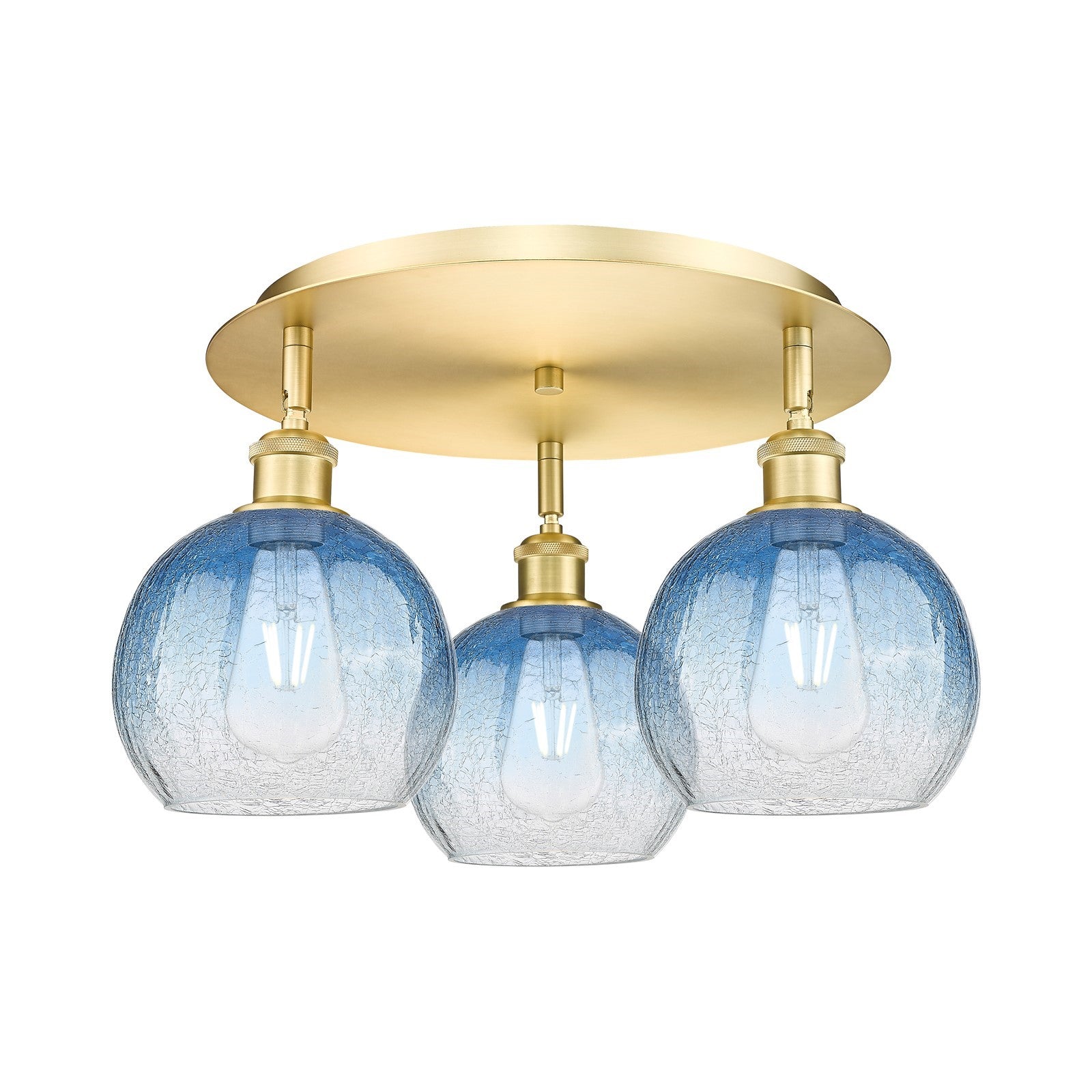 Innovations Brookhaven Globe 19in 3-Light Semi-Flush | Industrial Satin Gold and Sapphire Blue Glass | Kitchen & Dining | Model 516-3C-SG-G483-8SB