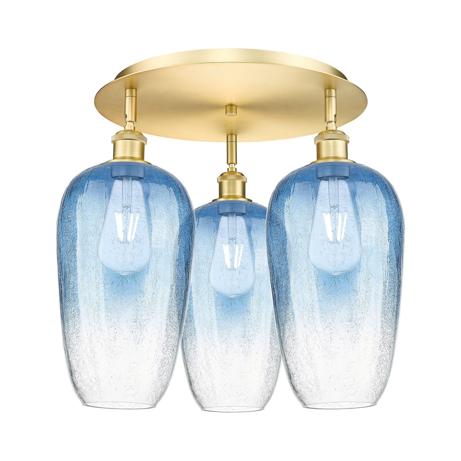Innovations Brookhaven Flute 19in 3-Light Semi-Flush | Industrial Satin Gold and Sapphire Blue Glass | Kitchen & Dining | Model 516-3C-SG-G484-7SB