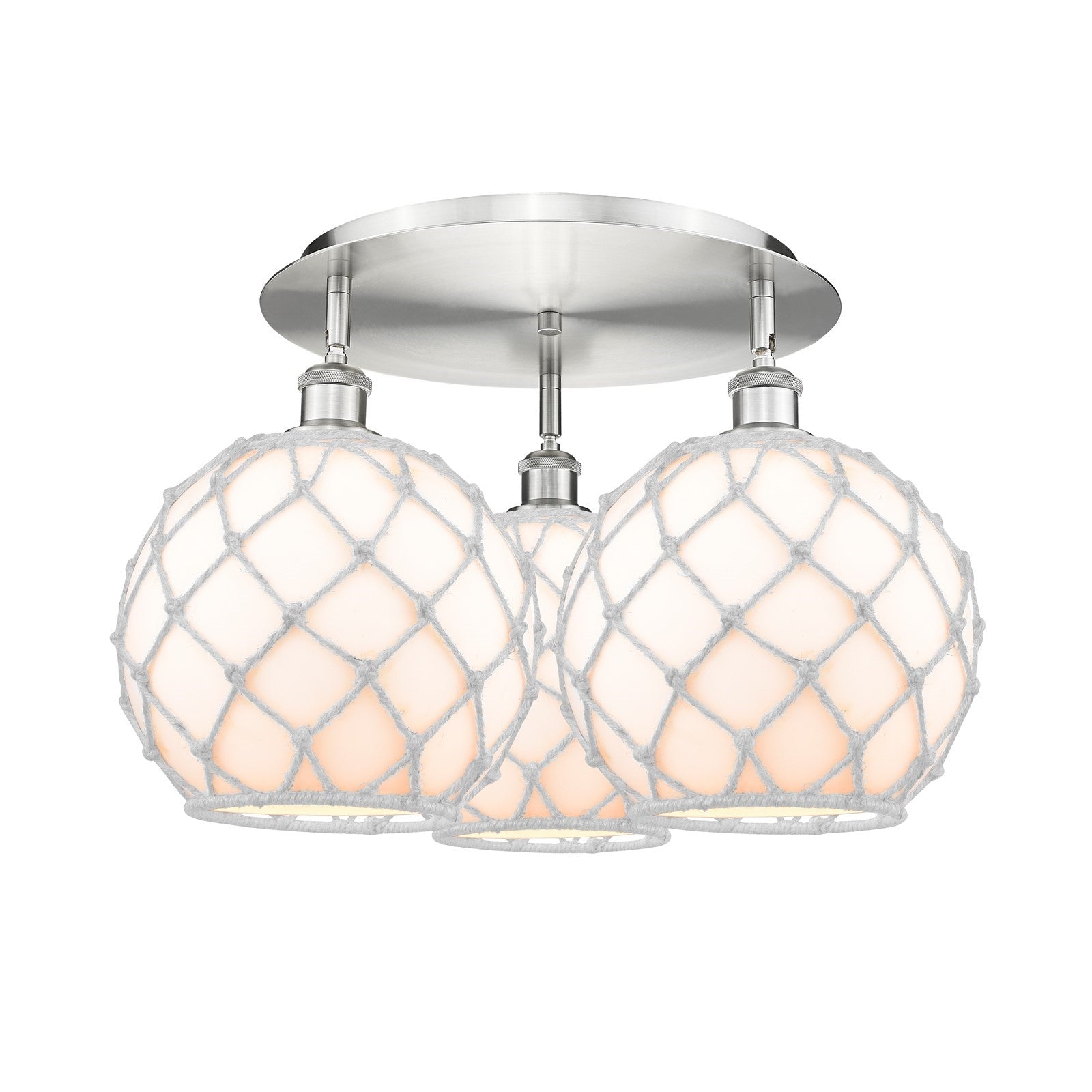 Innovations Farmhouse Rope 22in 3-Light Semi-Flush | Industrial Satin Nickel and White Glass Rope | Kitchen & Dining | Model 516-3C-SN-G121-10RW