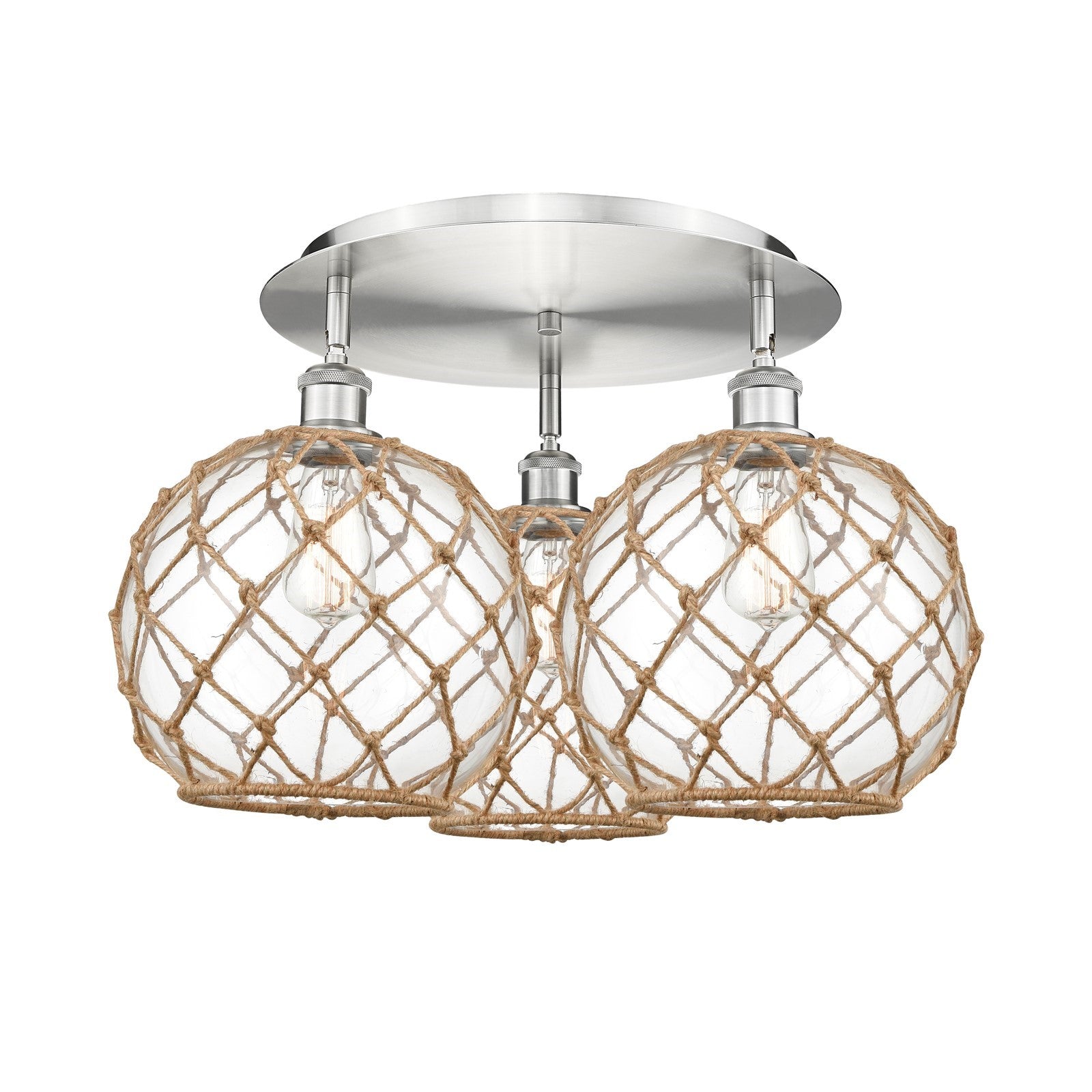 Innovations Farmhouse Rope 22in 3-Light Semi-Flush | Industrial Satin Nickel and Clear Glass | Kitchen & Dining | Model 516-3C-SN-G122-10RB