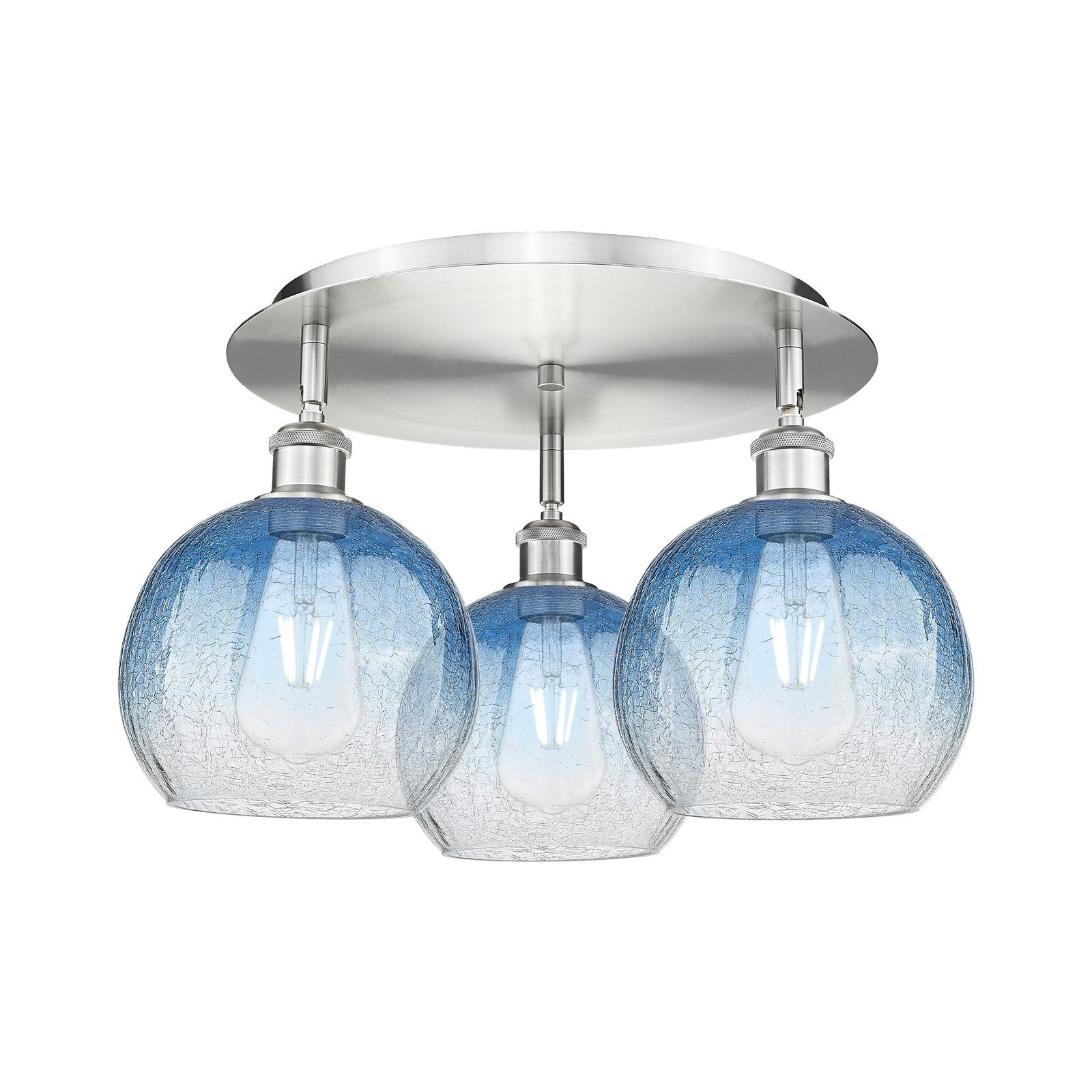 Innovations Brookhaven Globe 20in 3-Light Semi-Flush | Industrial Satin Nickel and Sapphire Blue Glass | Kitchen & Dining | Model 516-3C-SN-G483-8SB