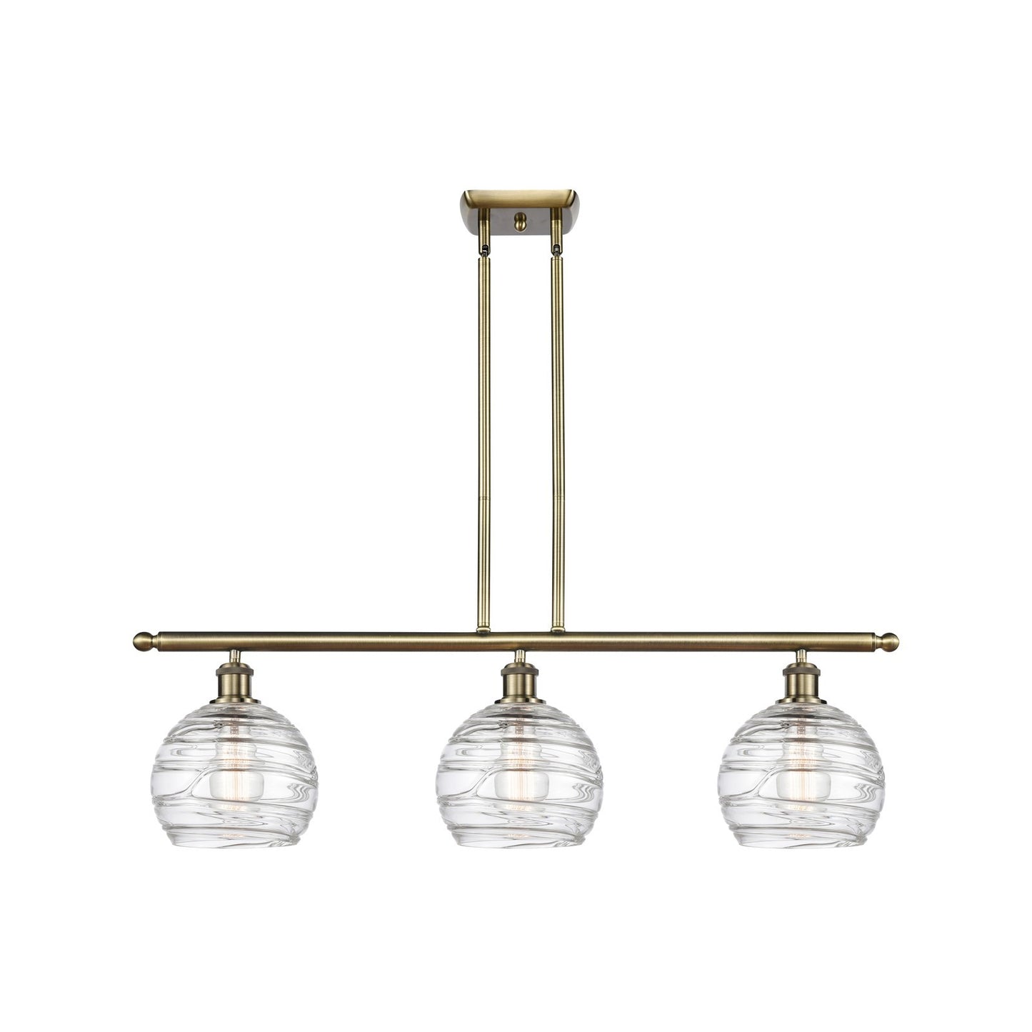 Innovations Athens Deco Swirl 36in 3-Light Island Light | Industrial Antique Brass and Clear Deco Swirl Glass | Kitchen | Model 516-3I-AB-G1213-8CL
