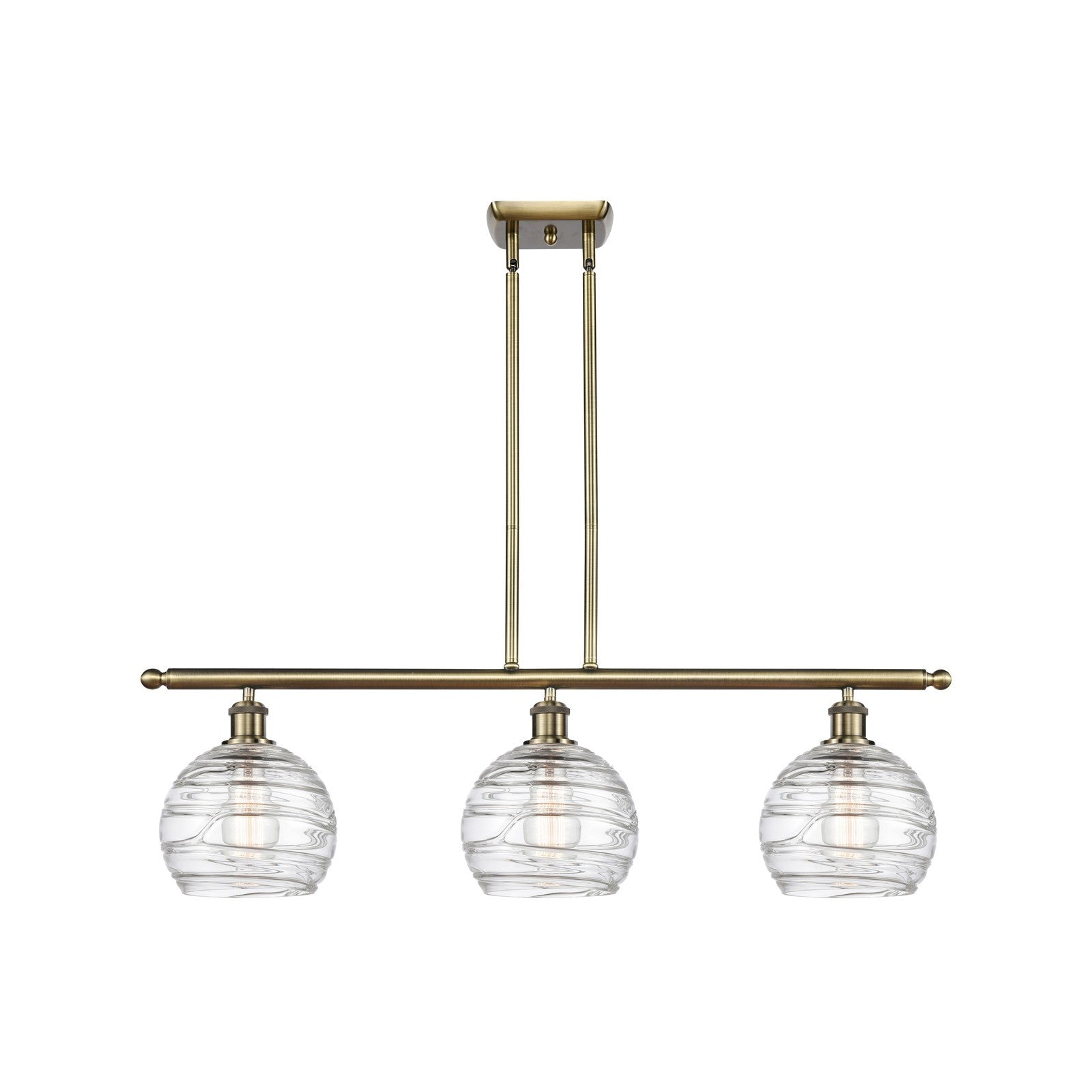 Innovations Athens Deco Swirl 36in 3-Light Island Light | Industrial Antique Brass and Clear Deco Swirl Glass | Kitchen | Model 516-3I-AB-G1213-8CL
