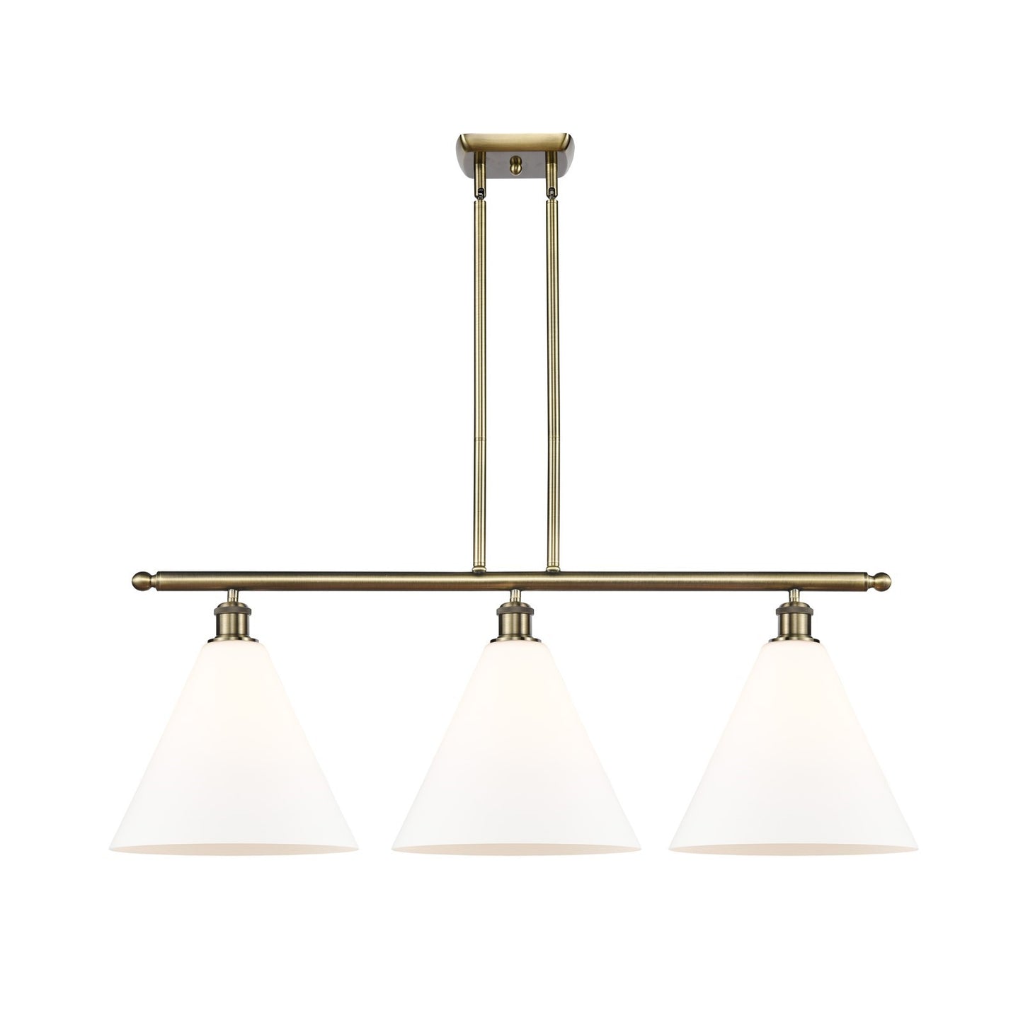Innovations Berkshire Glass 38in 3-Light Island | Industrial Antique Brass and Matte White Glass | Kitchen Island & Dining | Model 516-3I-AB-GBC-121