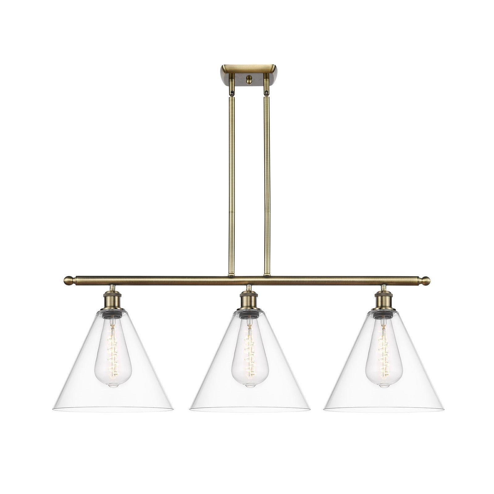 Innovations Berkshire Glass 38in 3-Light LED Island | Industrial Antique Brass and Clear Glass | Kitchen Island | Model 516-3I-AB-GBC-122-LED