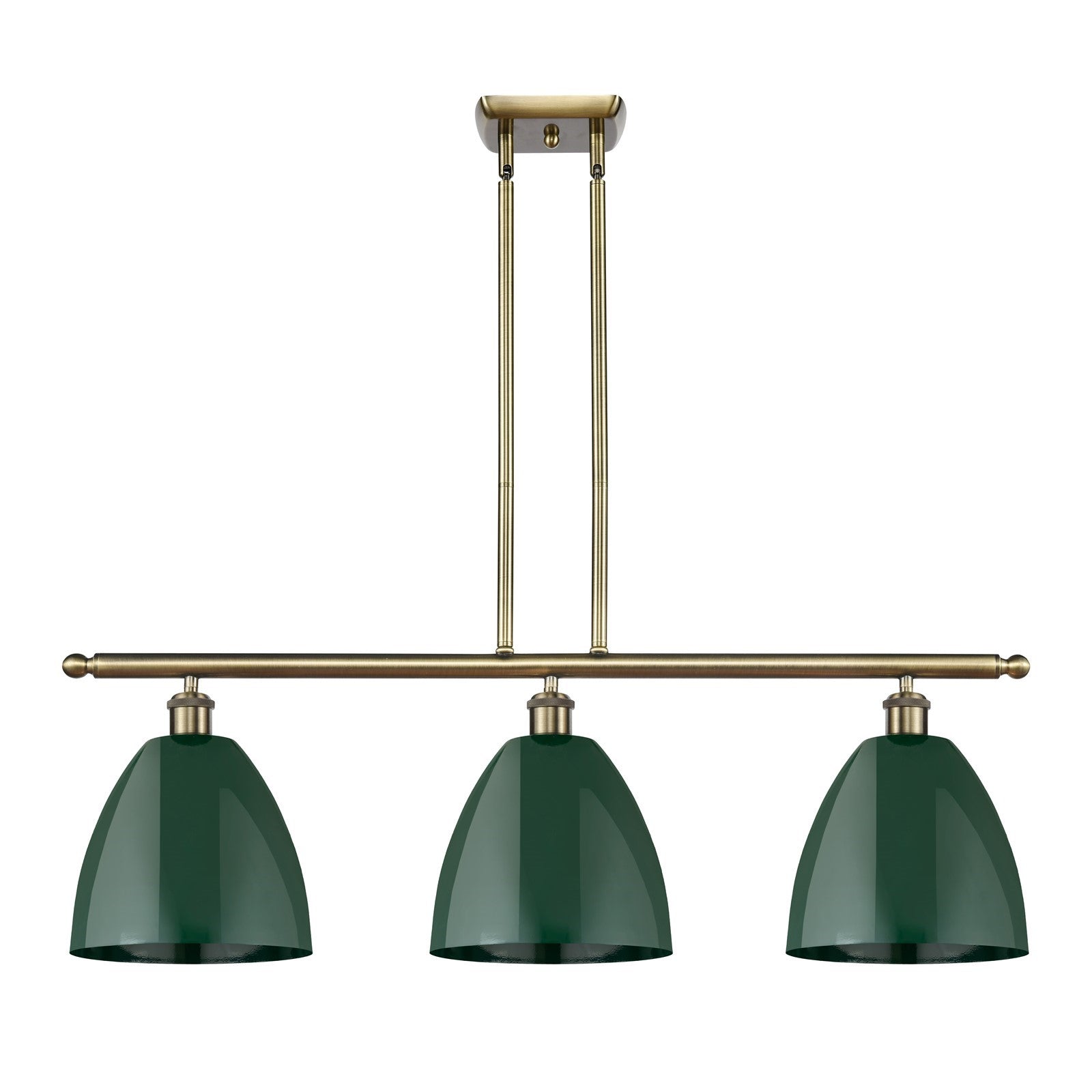 Innovations Plymouth 36in 3-Light Island Light | Industrial Antique Brass and Matte Green Metal Shade | Kitchen Island | Model 516-3I-AB-MBD-9-GR-LED