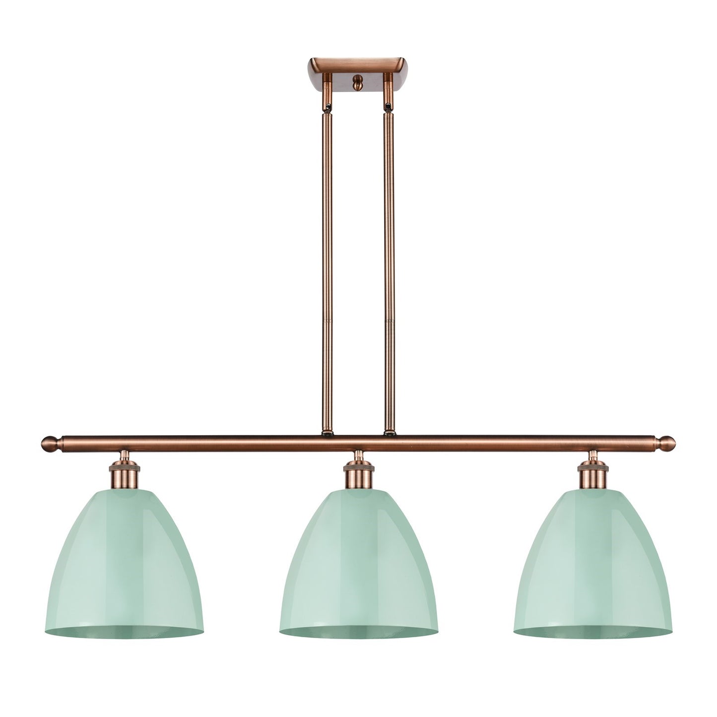 Innovations Plymouth 36in 3-Light Island | Industrial Antique Copper and Matte Seafoam Metal Shade | Kitchen Island | Model 516-3I-AC-MBD-9-SF