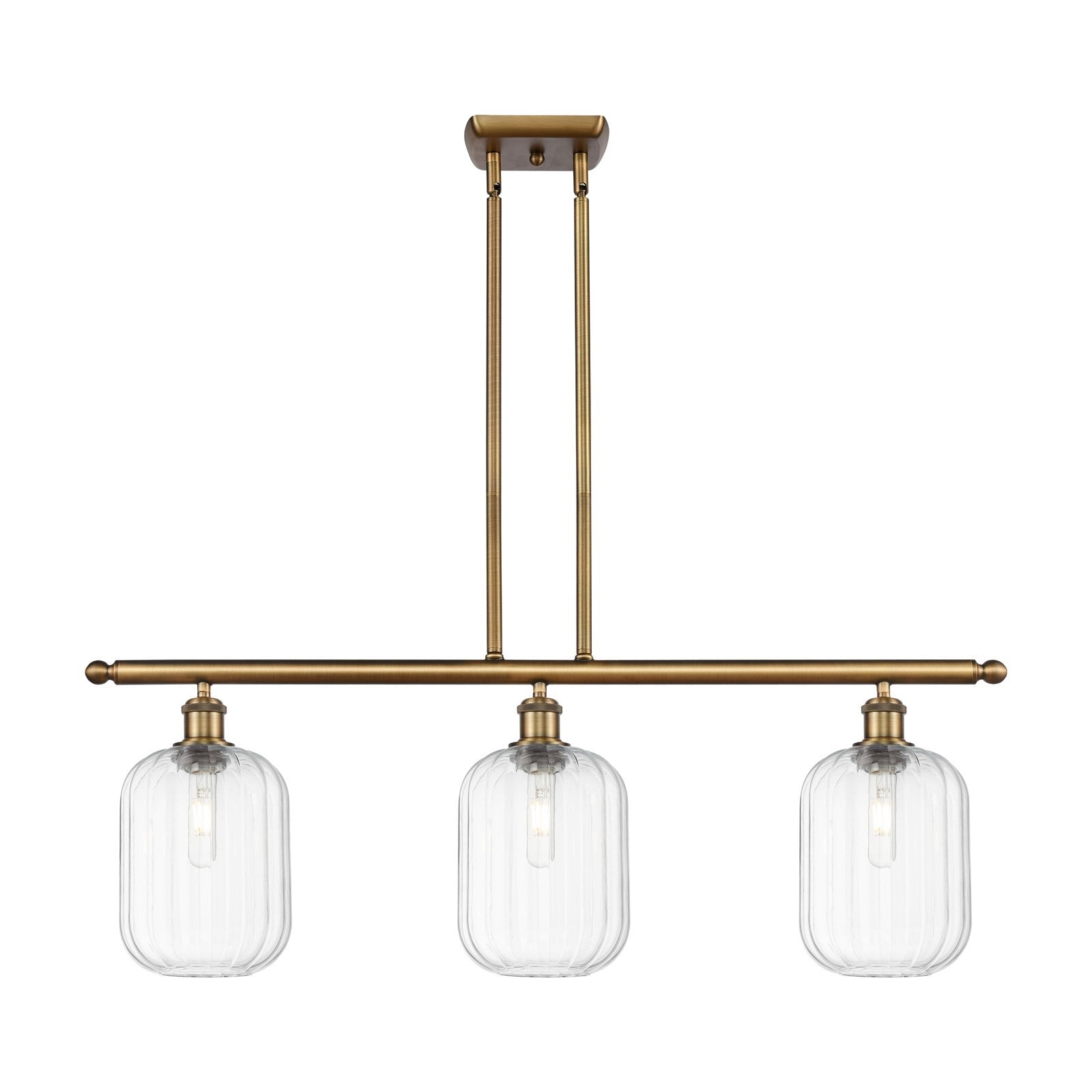 Innovations Preston Cylinder 36in 3-Light Island Light | Industrial Brushed Brass and Clear Glass | Kitchen Island | Model 516-3I-BB-G460-7CL