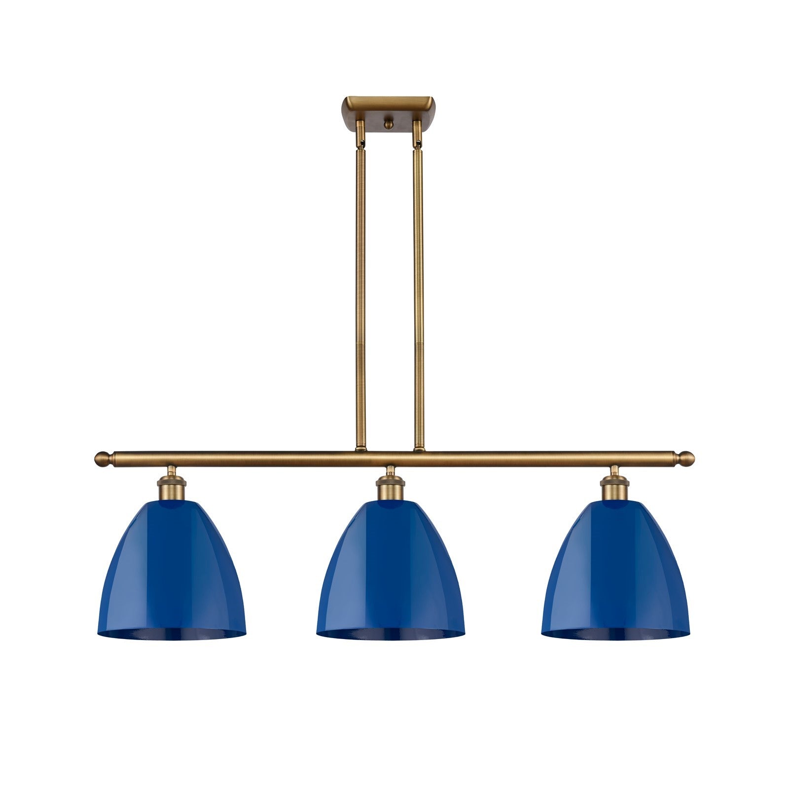 Innovations Plymouth 36in 3-Light Island Light | Industrial Brushed Brass and Matte Blue Metal Shade | Kitchen Island | Model 516-3I-BB-MBD-9-BL-LED