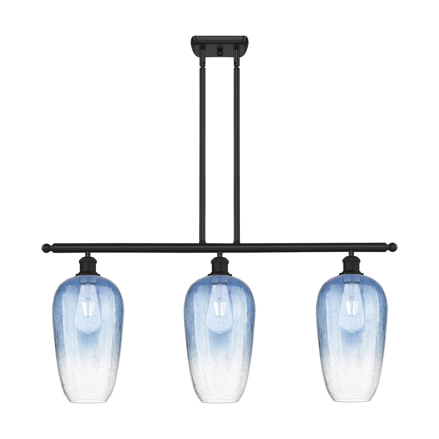 Innovations Brookhaven Flute 36in 3-Light Island Light | Industrial Matte Black and Sapphire Blue Glass | Kitchen Island | Model 516-3I-BK-G484-7SB