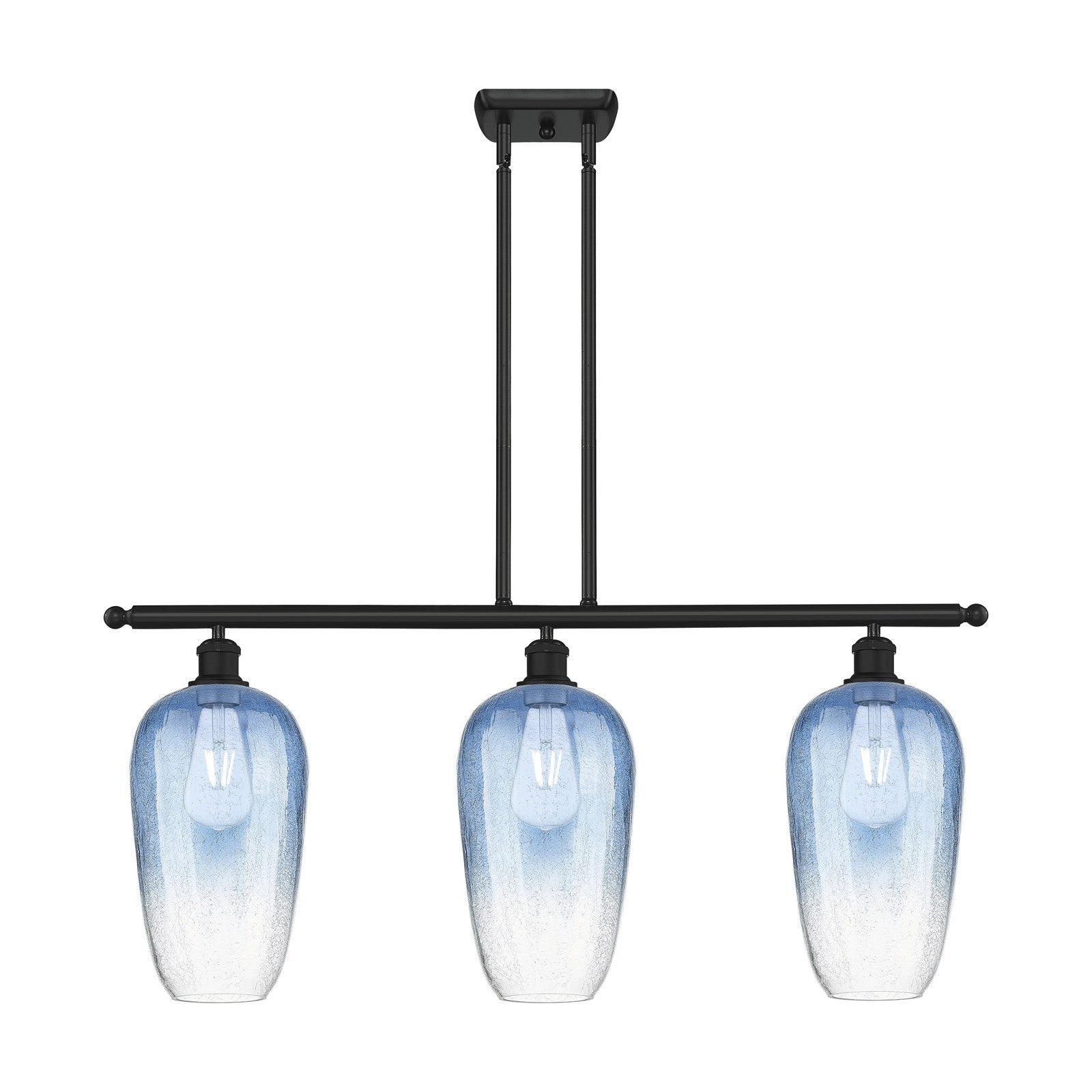 Innovations Brookhaven Flute 36in 3-Light Island Light | Industrial Matte Black and Sapphire Blue Glass | Kitchen Island | Model 516-3I-BK-G484-7SB