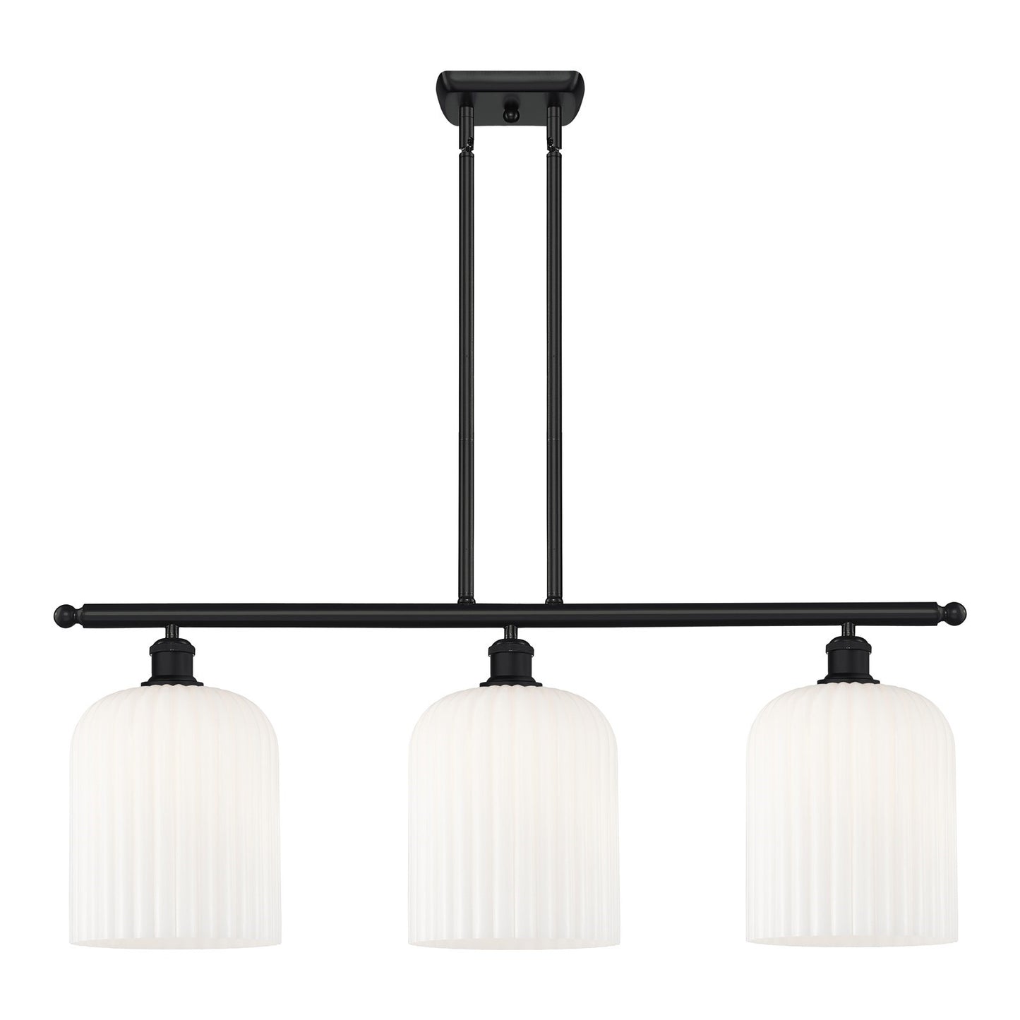 Innovations Bridal Veil 36in 3-Light Island Light | Art Nouveau Matte Black Steel and Gloss White Ribbed Glass | Kitchen | Model 516-3I-BK-G559-8GWH