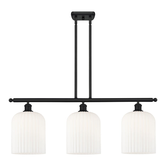 Innovations Bridal Veil 36in 3-Light Island Light | Art Nouveau Matte Black Steel and Gloss White Ribbed Glass | Kitchen | Model 516-3I-BK-G559-8GWH