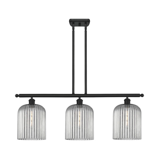 Innovations Bridal Veil 36in 3-Light Island Light | Art Nouveau Matte Black Steel and Light Smoke Ribbed Glass | Kitchen Island | Model 516-3I-BK-G559-8SM