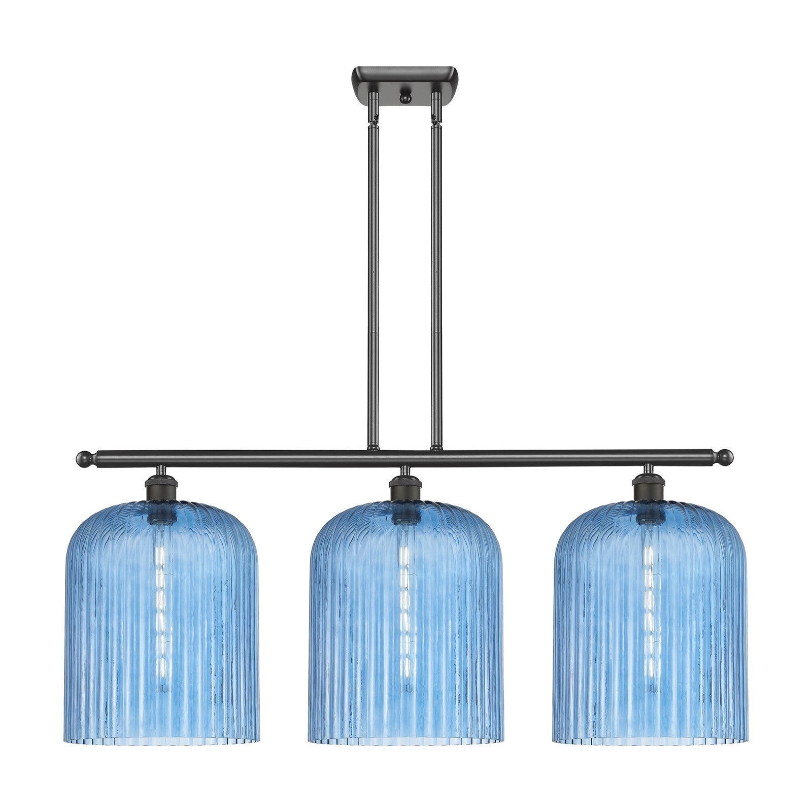 Innovations Bridal Veil 36in 3-Light Island Light | Art Nouveau Oil Rubbed Bronze Steel and Princess Blue Ribbed Glass | Model 516-3I-OB-G559-12BL
