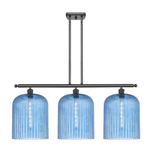 Innovations Bridal Veil 36in 3-Light Island Light | Art Nouveau Oil Rubbed Bronze Steel and Princess Blue Ribbed Glass | Model 516-3I-OB-G559-12BL