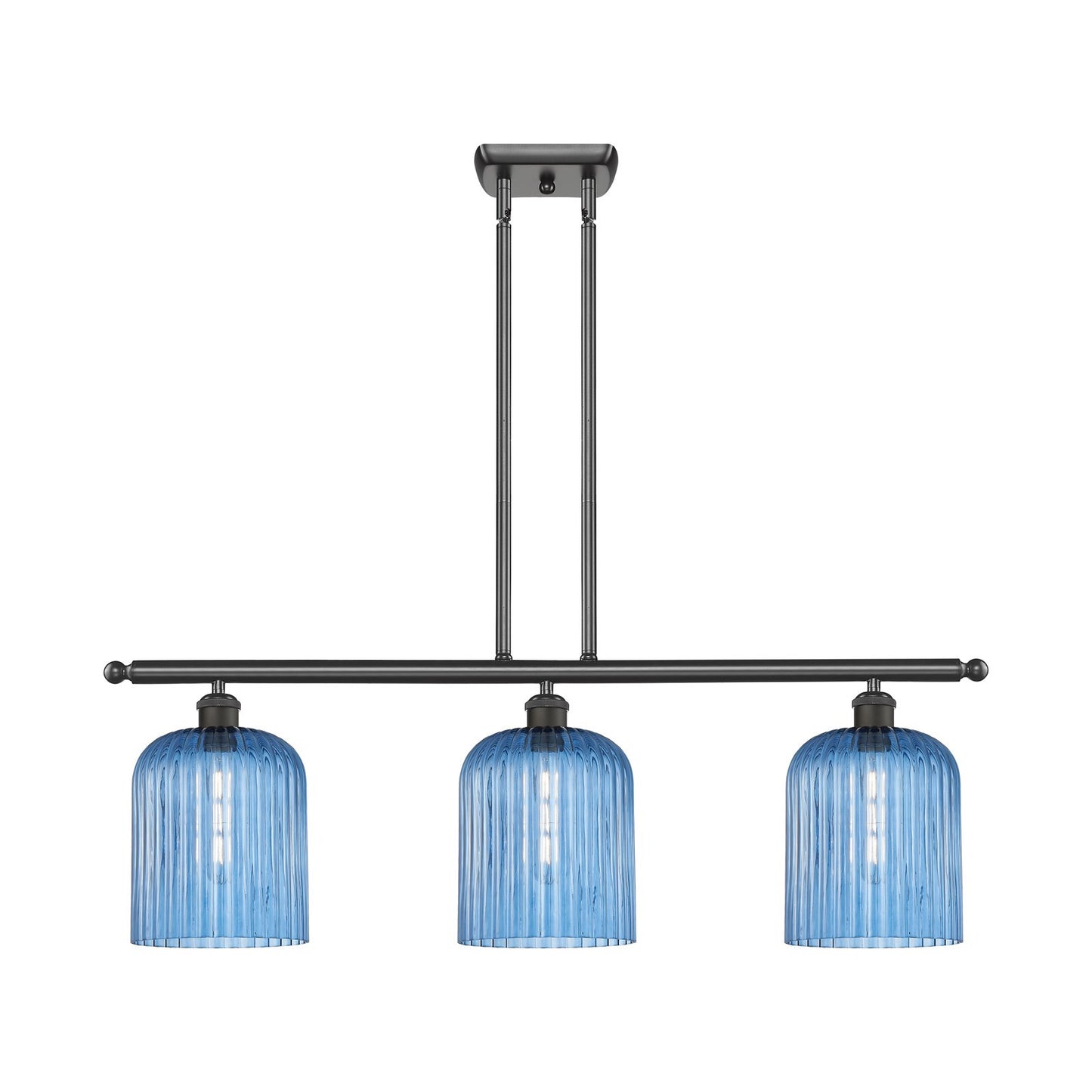 Innovations Bridal Veil 36in 3-Light Island Light | Art Nouveau Oil Rubbed Bronze Steel and Princess Blue Ribbed Glass | Model 516-3I-OB-G559-8BL