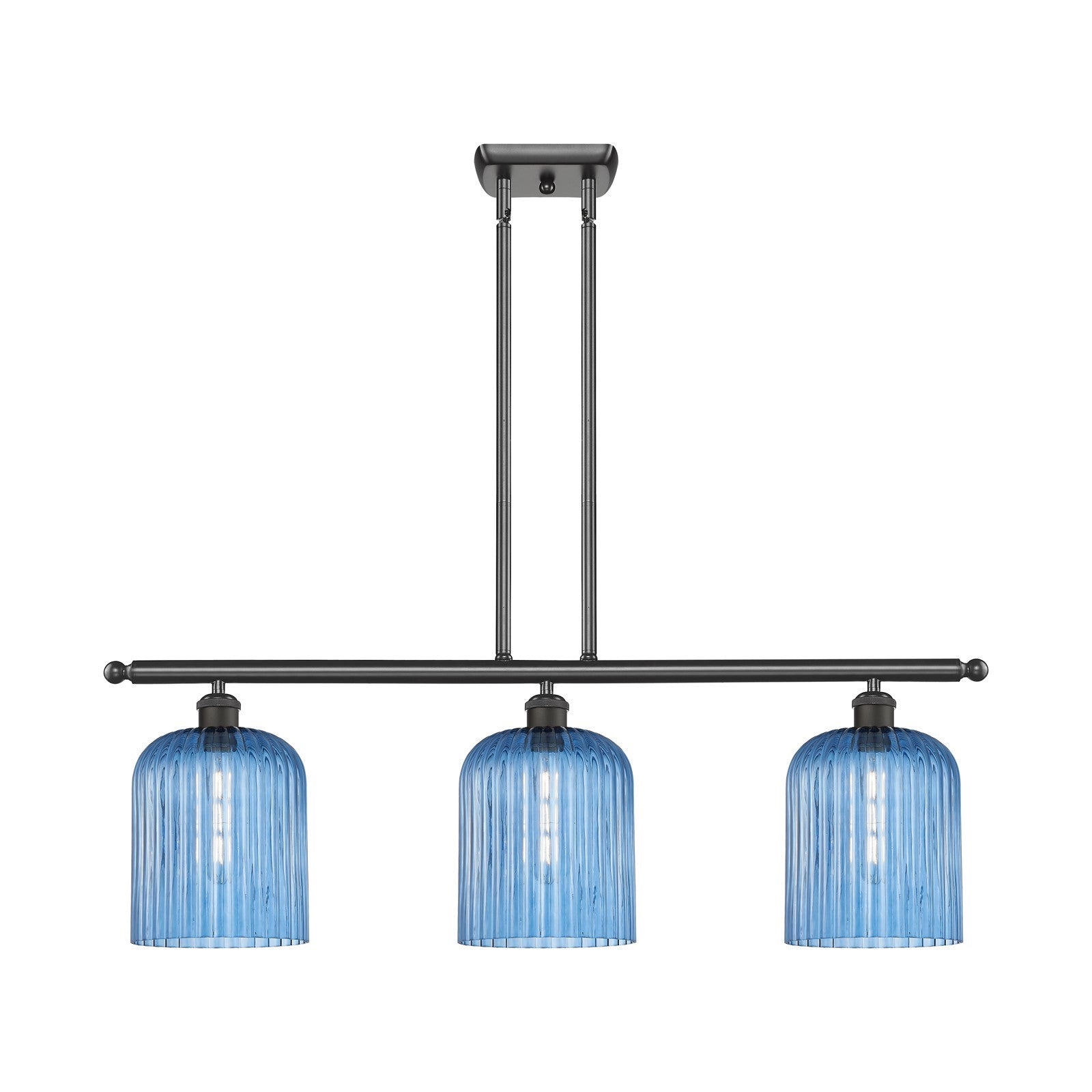 Innovations Bridal Veil 36in 3-Light Island Light | Art Nouveau Oil Rubbed Bronze Steel and Princess Blue Ribbed Glass | Model 516-3I-OB-G559-8BL