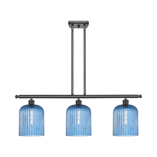 Innovations Bridal Veil 36in 3-Light Island Light | Art Nouveau Oil Rubbed Bronze Steel and Princess Blue Ribbed Glass | Model 516-3I-OB-G559-8BL