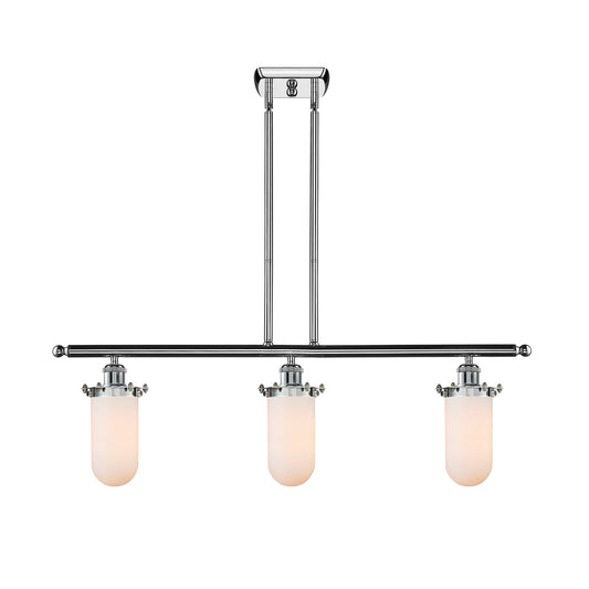 Innovations Kingsbury 36in 3-Light Island Light | Industrial Polished Chrome and Matte White Frosted Glass | Kitchen Island & | Model 516-3I-PC-CE231-W
