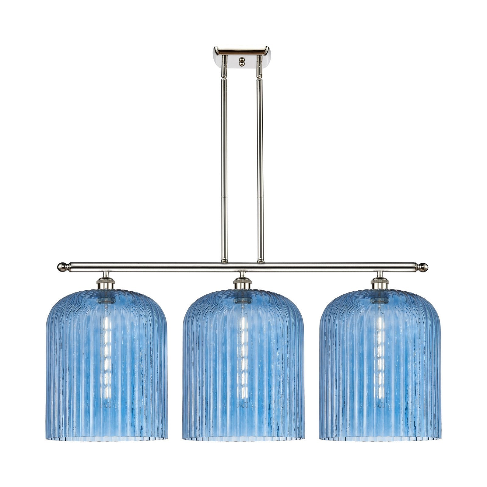 Innovations Bridal Veil 36in 3-Light Island Light | Art Nouveau Polished Nickel and Princess Blue Ribbed Glass | Kitchen | Model 516-3I-PN-G559-12BL