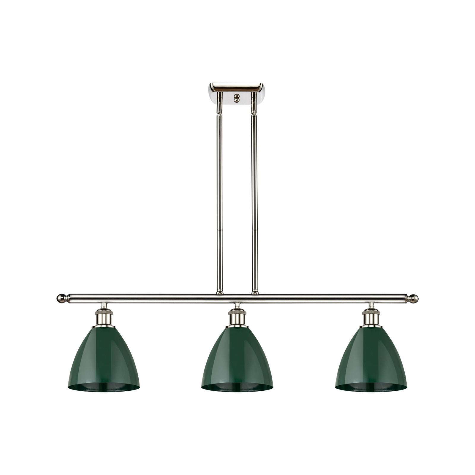 Innovations Plymouth 36in 3-Light Island Light | Industrial Farmhouse Polished Nickel and Matte Green Metal Shade | Model 516-3I-PN-MBD-75-GR-LED
