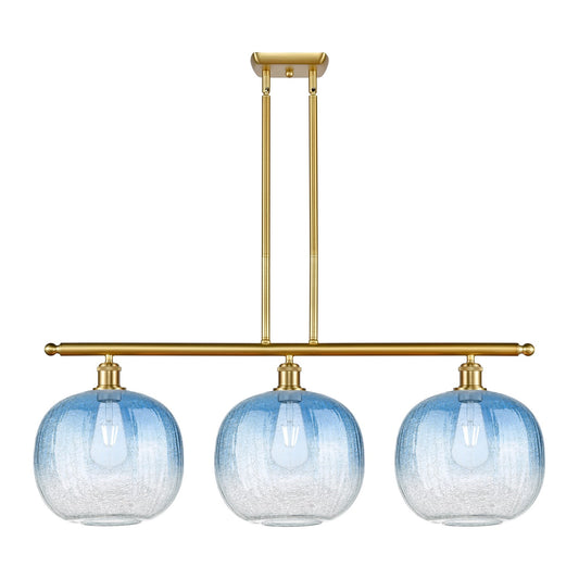 Innovations Brookhaven Sphere 37in 3-Light Island Light | Industrial Satin Gold Steel and Cast Brass with Sapphire Blue Glass | Model 516-3I-SG-G481-10SB