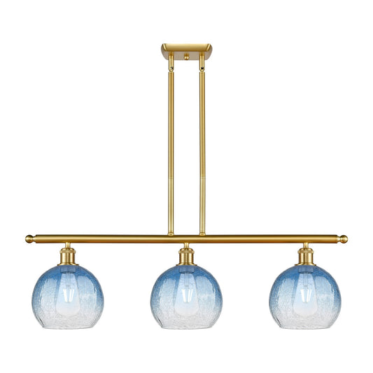 Innovations Brookhaven Globe 36in 3-Light Island Light | Industrial Satin Gold Steel and Sapphire Blue Glass | Kitchen Island & | Model 516-3I-SG-G483-8SB