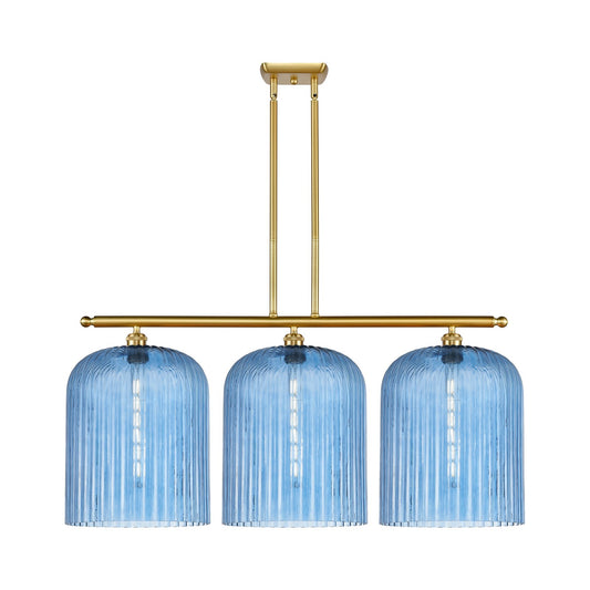 Innovations Bridal Veil 36in 3-Light Island Light | Art Nouveau Satin Gold Steel and Princess Blue Ribbed Glass | Kitchen | Model 516-3I-SG-G559-12BL