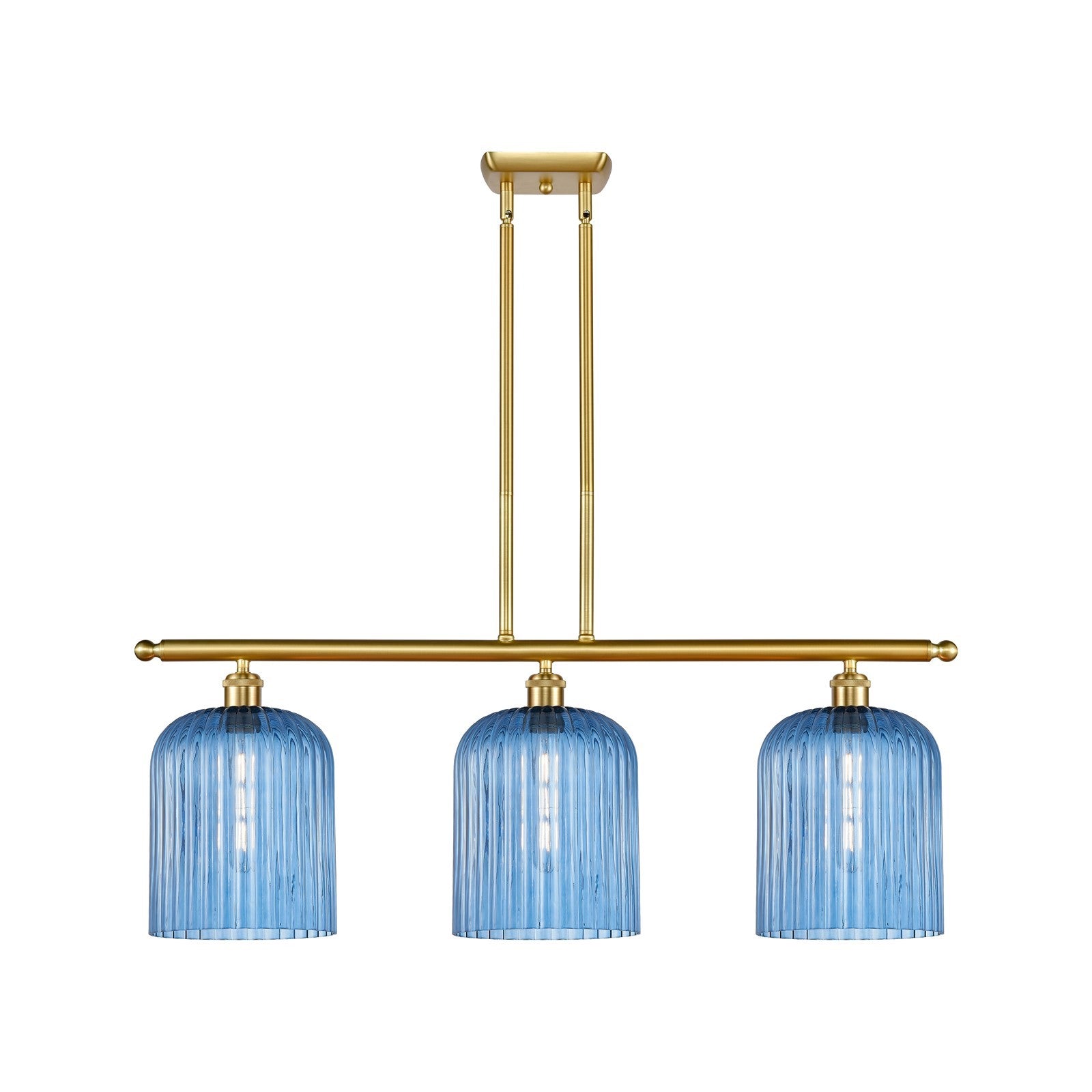 Innovations Bridal Veil 36in 3-Light Island Light | Art Nouveau Satin Gold Steel and Princess Blue Ribbed Glass | Kitchen | Model 516-3I-SG-G559-8BL