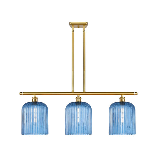 Innovations Bridal Veil 36in 3-Light Island Light | Art Nouveau Satin Gold Steel and Princess Blue Ribbed Glass | Kitchen | Model 516-3I-SG-G559-8BL