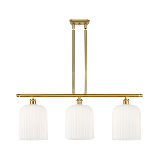 Innovations Bridal Veil 36in 3-Light Island Light | Art Nouveau Satin Gold Steel and Gloss White Ribbed Glass | Kitchen Island | Model 516-3I-SG-G559-8GWH