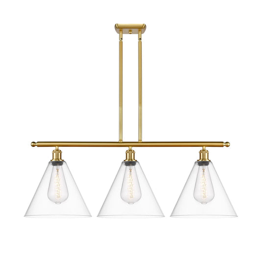 Innovations Berkshire Glass 38.5in 3-Light Island Light | Industrial Satin Gold Steel and Cast Brass with Clear Cone Glass | Model 516-3I-SG-GBC-122-LED
