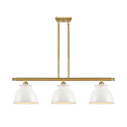 Innovations Adirondack 36in 3-Light Island Light | Industrial Farmhouse Satin Gold Steel and Glossy White Metal Shade | Model 516-3I-SG-M14-W-LED