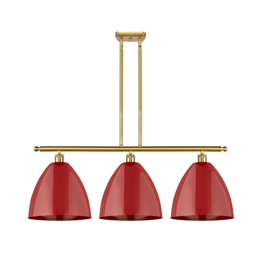 Innovations Plymouth 39in 3-Light Island Light | Industrial Farmhouse Satin Gold Steel and Cast Brass with Matte Red Metal | Model 516-3I-SG-MBD-12-RD-LED