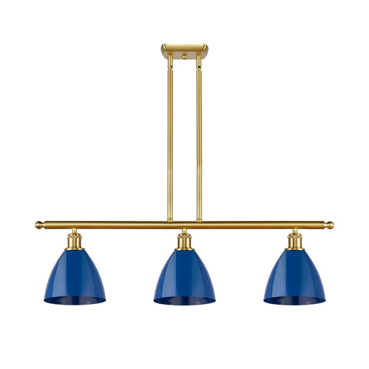 Innovations Plymouth 36in 3-Light Island Light | Industrial Farmhouse Satin Gold Steel and Matte Blue Metal Shade | Model 516-3I-SG-MBD-75-BL-LED