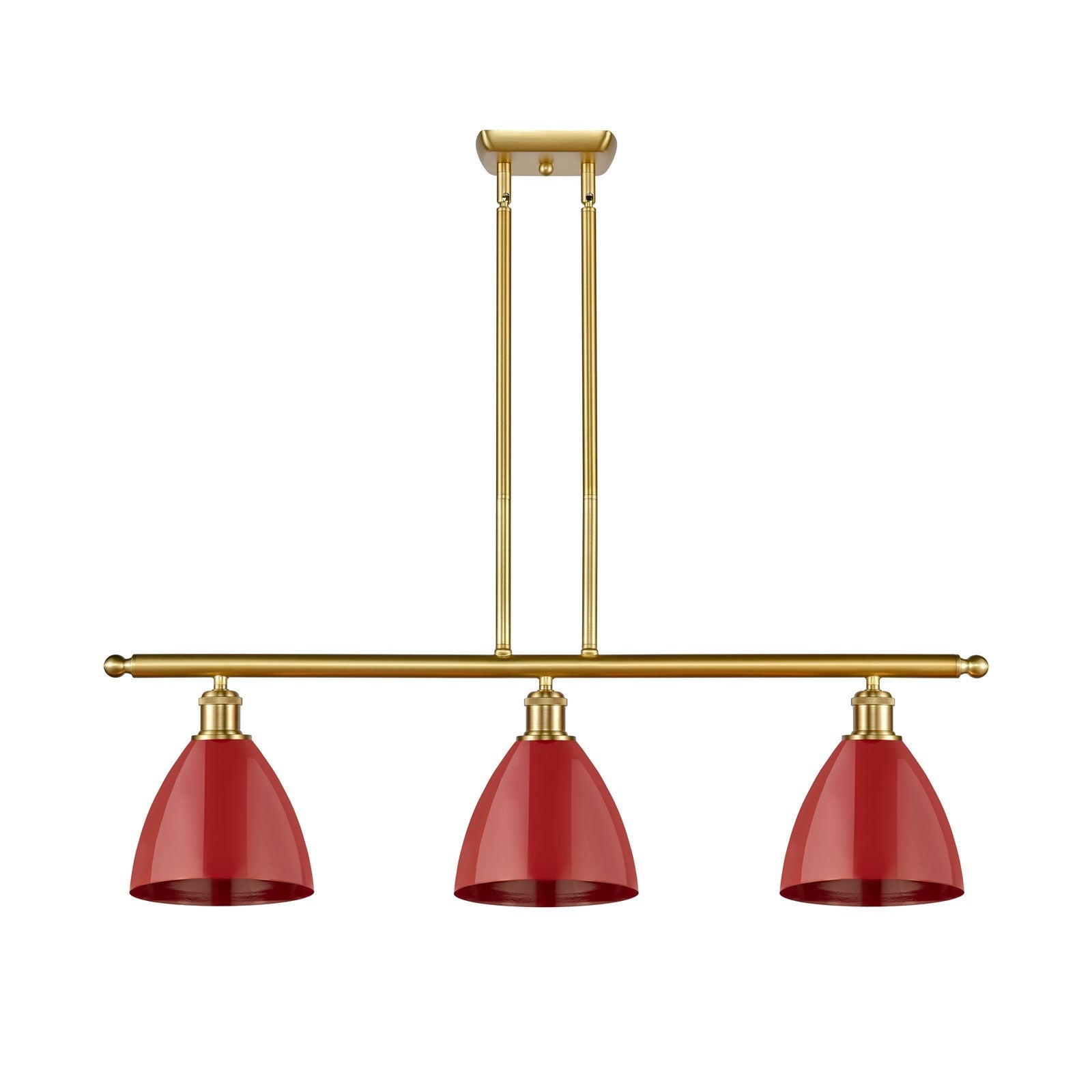Innovations Plymouth 36in 3-Light Island Light | Industrial Farmhouse Satin Gold Steel and Matte Red Metal Shade | Kitchen | Model 516-3I-SG-MBD-75-RD