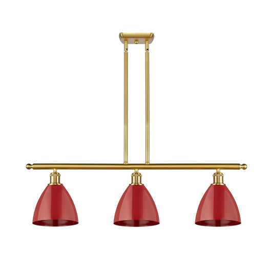 Innovations Plymouth 36in 3-Light Island Light | Industrial Farmhouse Satin Gold Steel and Matte Red Metal Shade | Kitchen | Model 516-3I-SG-MBD-75-RD
