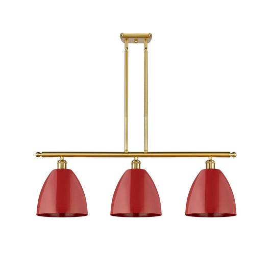 Innovations Plymouth 36in 3-Light Island Light | Industrial Farmhouse Satin Gold Steel and Matte Red Metal Shade | Kitchen | Model 516-3I-SG-MBD-9-RD