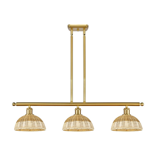 Innovations Bristol Natural II 36in 3-Light Island Light | Industrial Satin Gold Steel and Cast Brass with Natural Fiber Dome | Model 516-3I-SG-NBD2-9-NAT