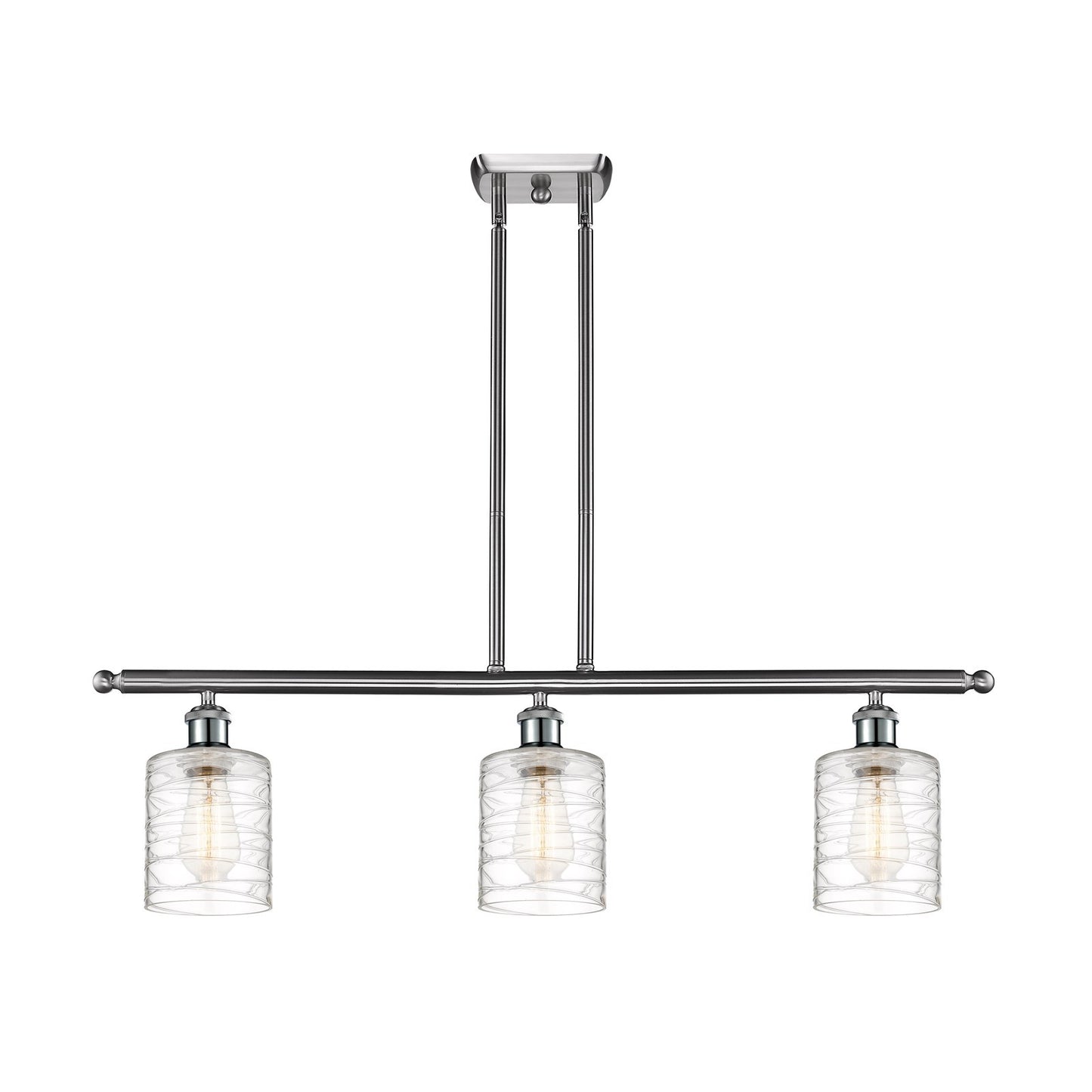 Innovations Cobbleskill 36in 3-Light Island Light | Industrial Brushed Satin Nickel Steel and Deco Swirl Clear Glass | Kitchen | Model 516-3I-SN-G1113