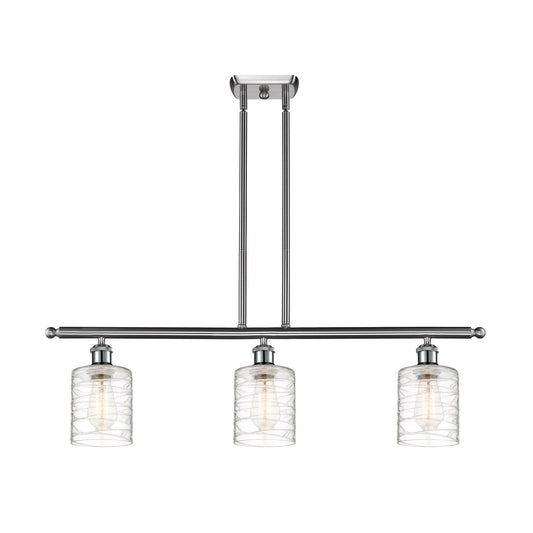 Innovations Cobbleskill 36in 3-Light Island Light | Industrial Brushed Satin Nickel Steel and Deco Swirl Clear Glass | Kitchen | Model 516-3I-SN-G1113