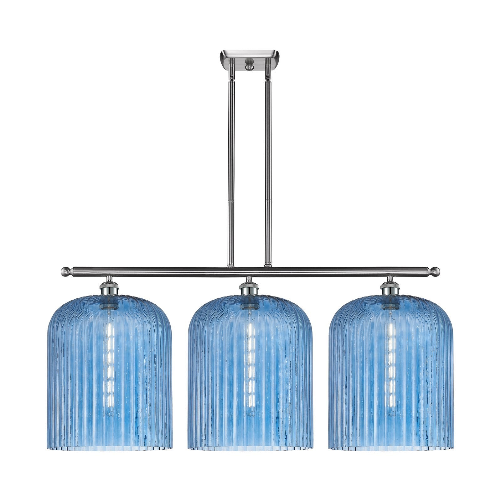 Innovations Bridal Veil 36in 3-Light Island Light | Art Nouveau Brushed Satin Nickel and Princess Blue Ribbed Glass | Kitchen | Model 516-3I-SN-G559-12BL