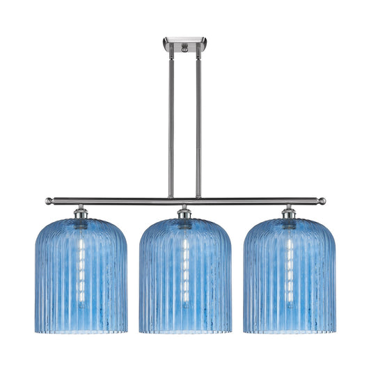 Innovations Bridal Veil 36in 3-Light Island Light | Art Nouveau Brushed Satin Nickel and Princess Blue Ribbed Glass | Kitchen | Model 516-3I-SN-G559-12BL