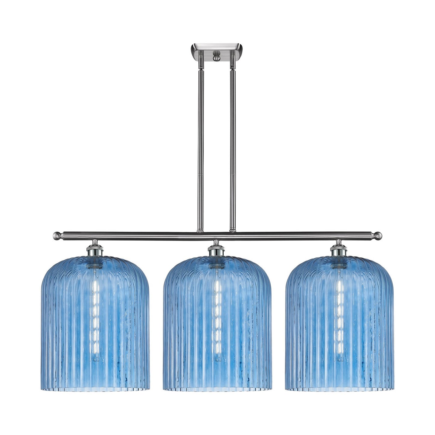 Innovations Bridal Veil 36in 3-Light Island Light | Art Nouveau Brushed Satin Nickel and Princess Blue Ribbed Glass | Kitchen | Model 516-3I-SN-G559-12BL