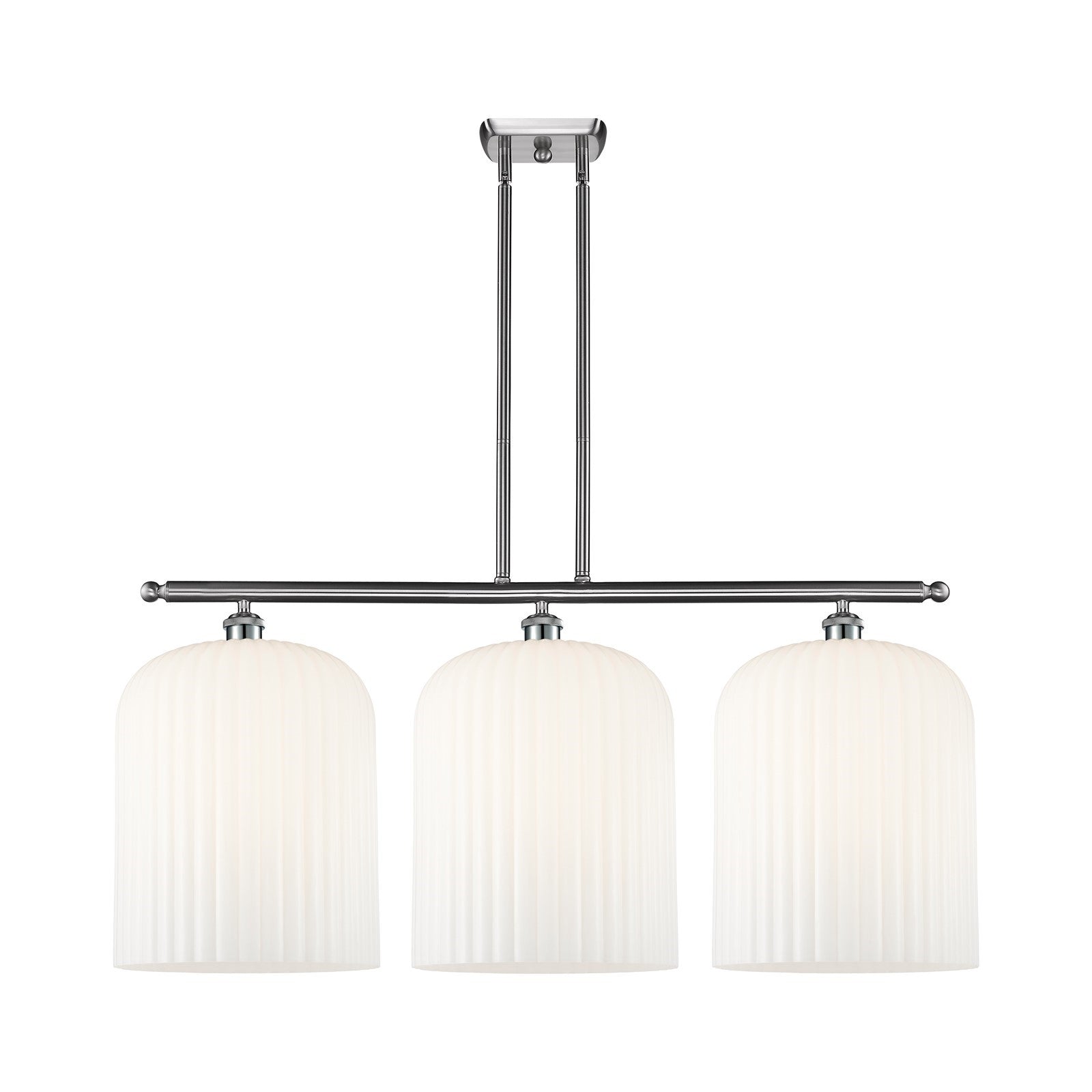 Innovations Bridal Veil 36in 3-Light Island Light | Art Nouveau Brushed Satin Nickel and Gloss White Ribbed Glass | Kitchen | Model 516-3I-SN-G559-12GWH