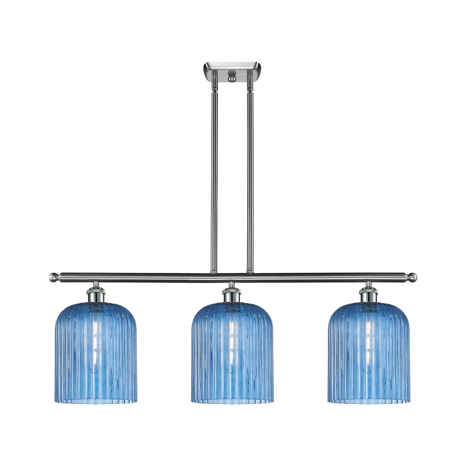 Innovations Bridal Veil 36in 3-Light Island Light | Art Nouveau Brushed Satin Nickel Steel and Princess Blue Ribbed Glass | Model 516-3I-SN-G559-8BL