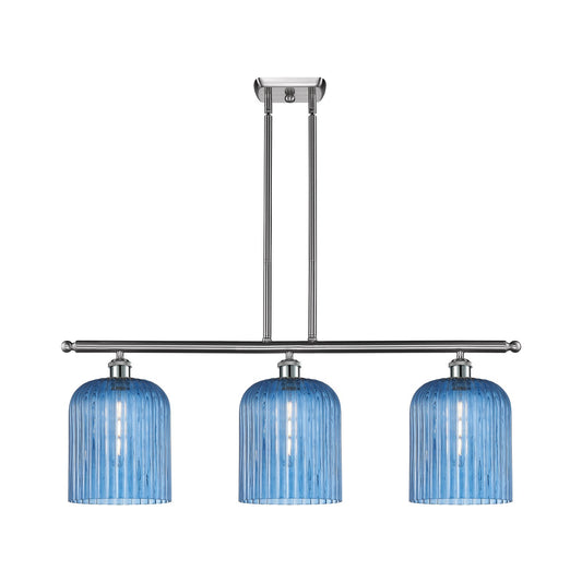 Innovations Bridal Veil 36in 3-Light Island Light | Art Nouveau Brushed Satin Nickel Steel and Princess Blue Ribbed Glass | Model 516-3I-SN-G559-8BL