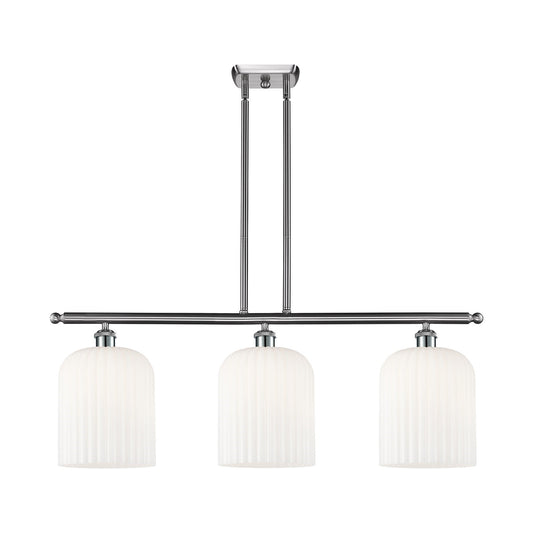 Innovations Bridal Veil 36in 3-Light Island Light | Art Nouveau Brushed Satin Nickel and Gloss White Ribbed Glass | Kitchen | Model 516-3I-SN-G559-8GWH